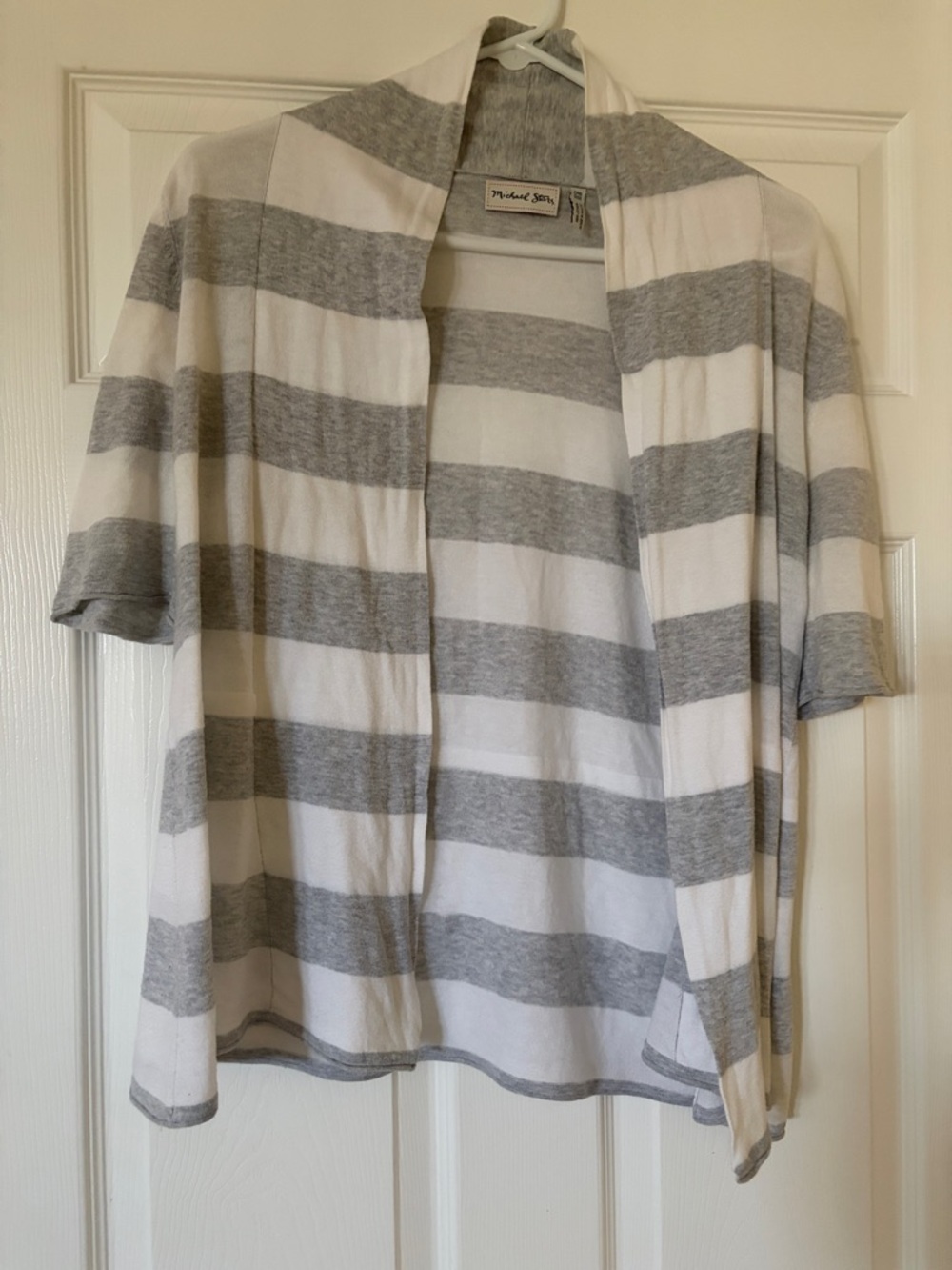 Michael Stars White and Gray Striped Open Front Cardigan